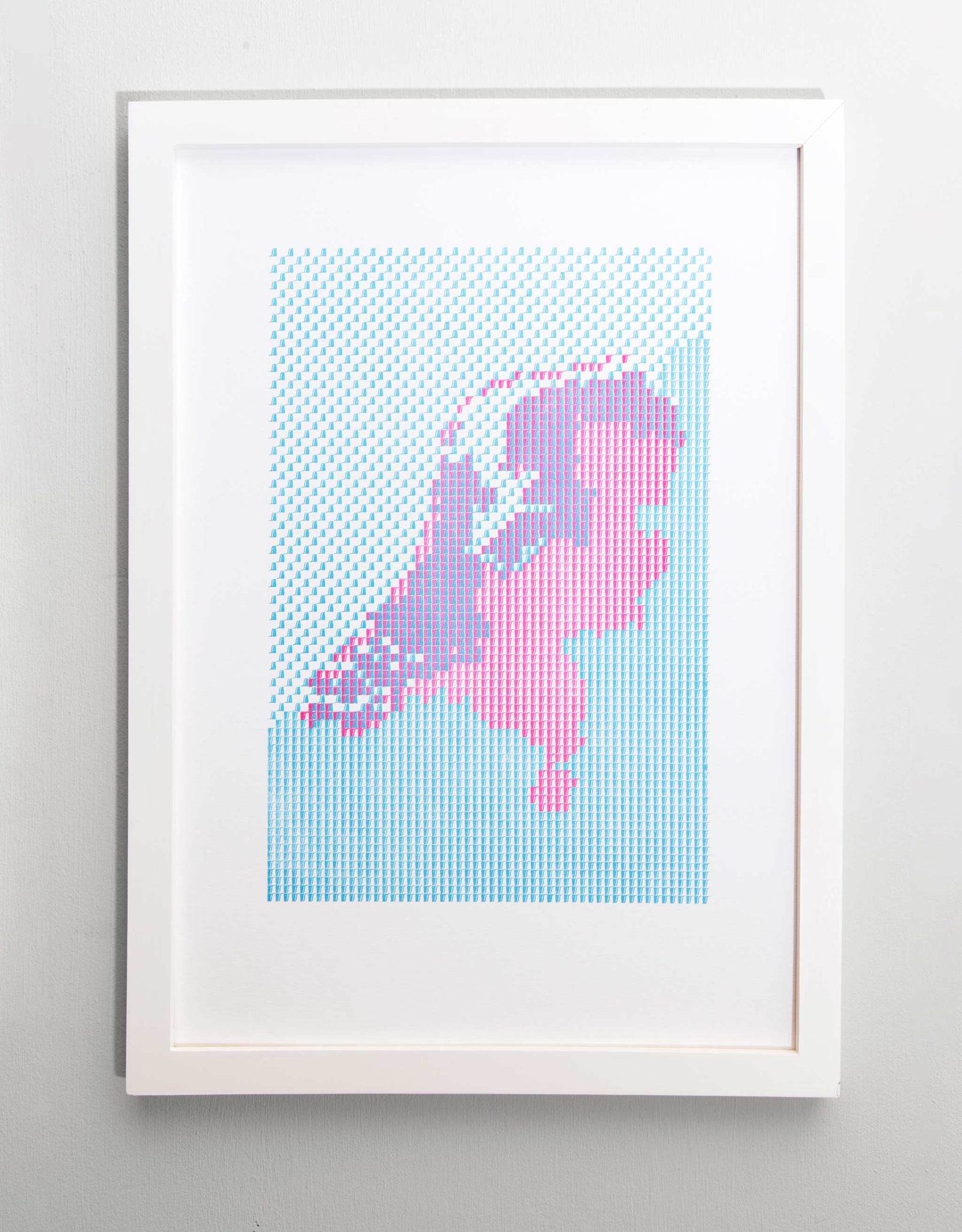 Letterpress patterned map of The Netherlands in magenta and blue. Shown in white frame.