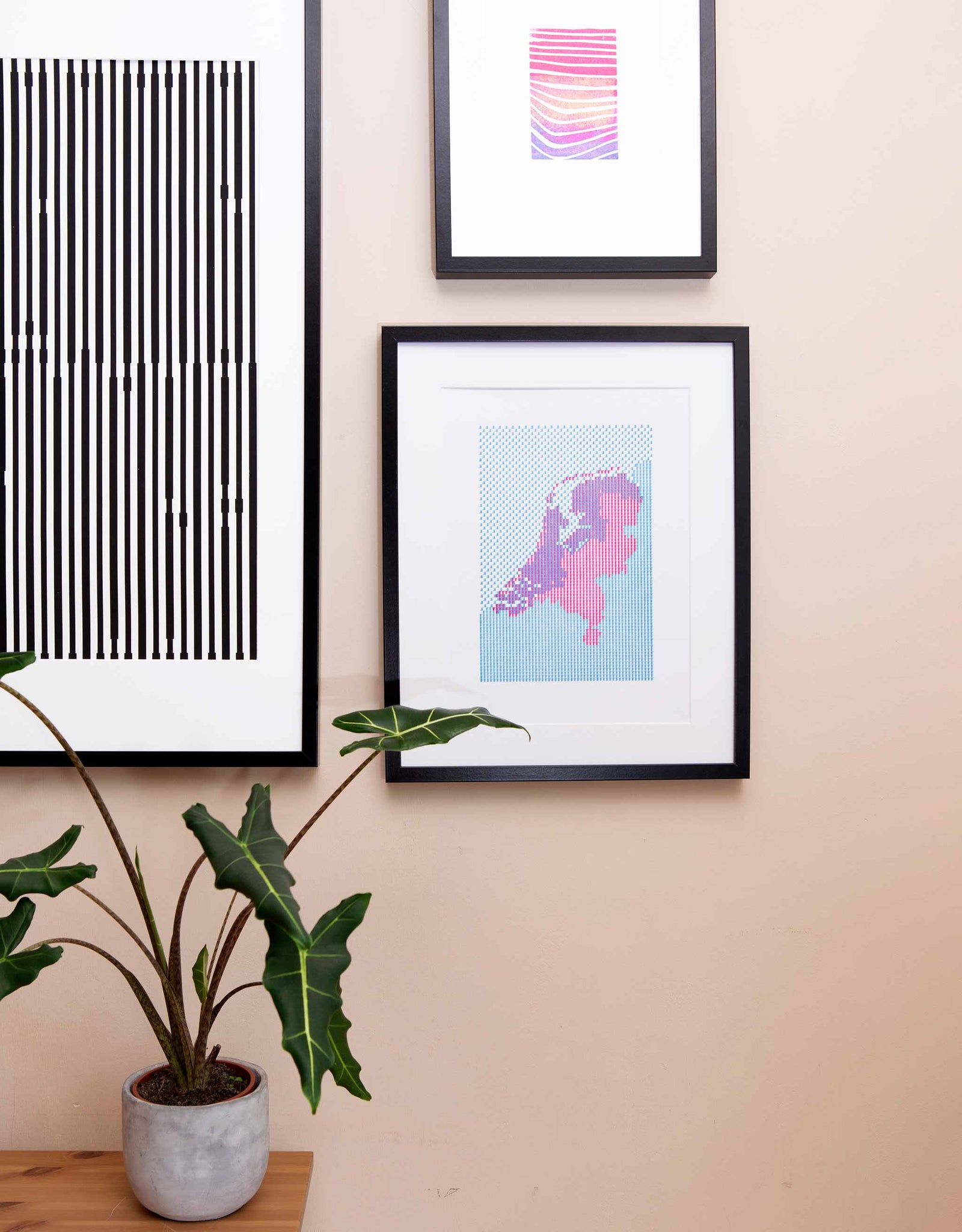 Letterpress patterned map of The Netherlands in magenta and blue. Shown in black frame on wall with plant and other art.