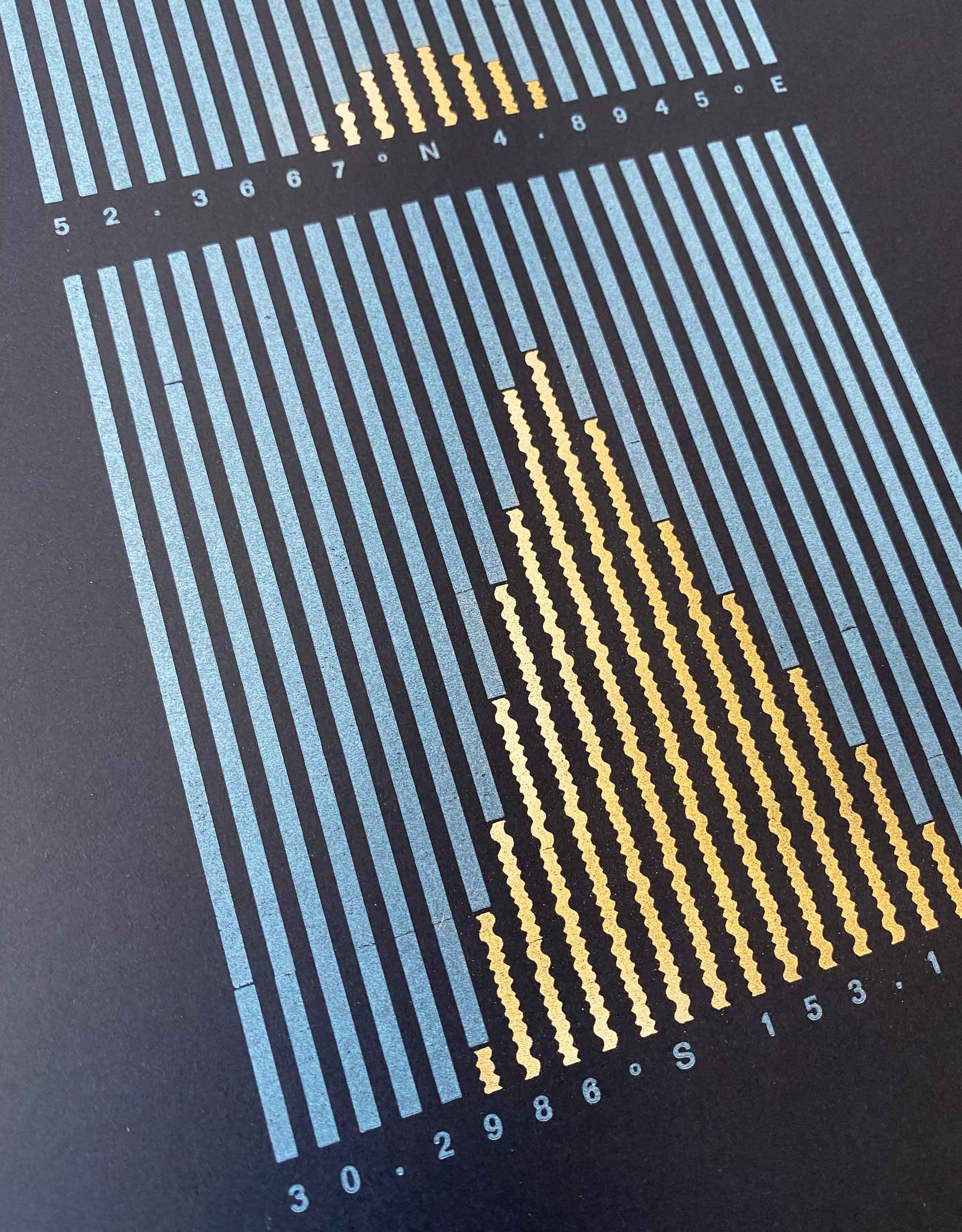 Detail of Letterpress data print Sunlight Hours. Light blue and gold vertical lines on dark blue background.