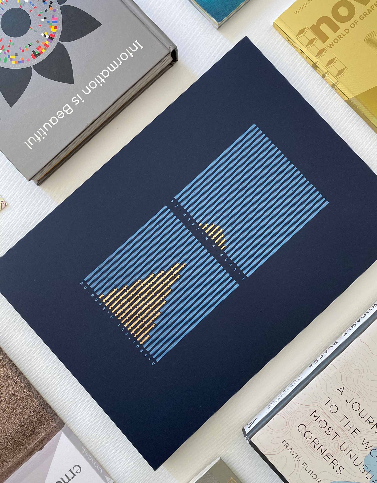 45 degree angle view of Letterpress data print Sunlight Hours. Light blue and gold vertical lines on dark blue background. Framed with books.