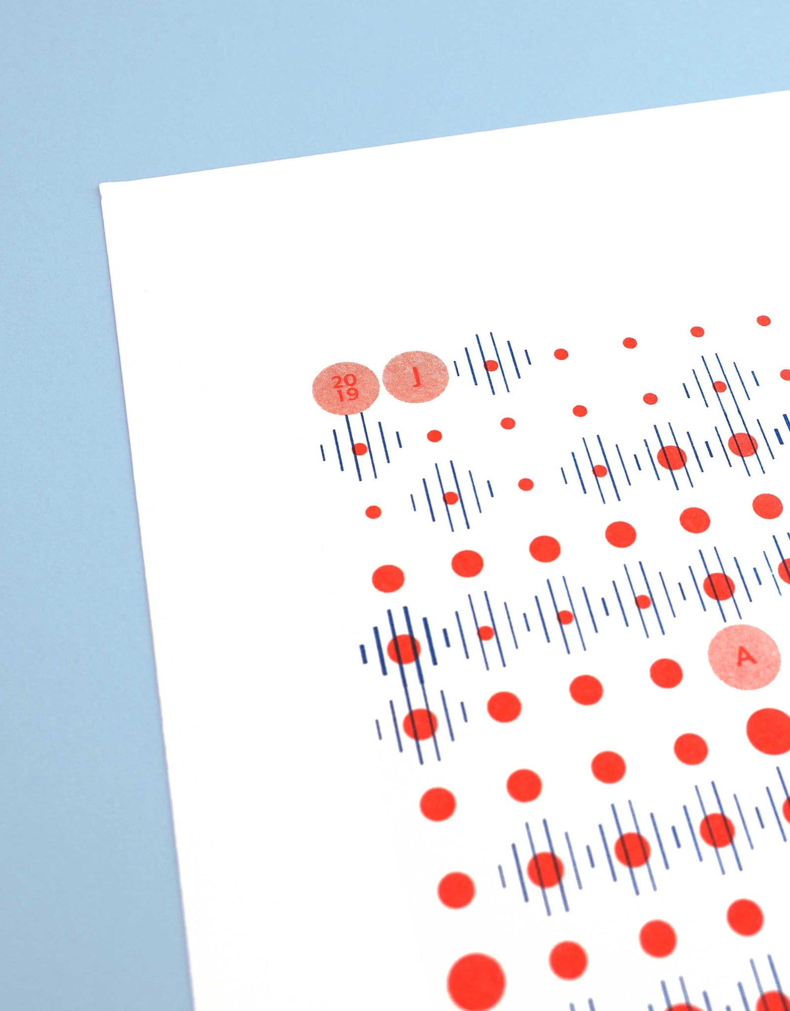 Detail angle of data-visualisation print of Amsterdam weather patterns in blue lines and red dots in grid formation on white paper.