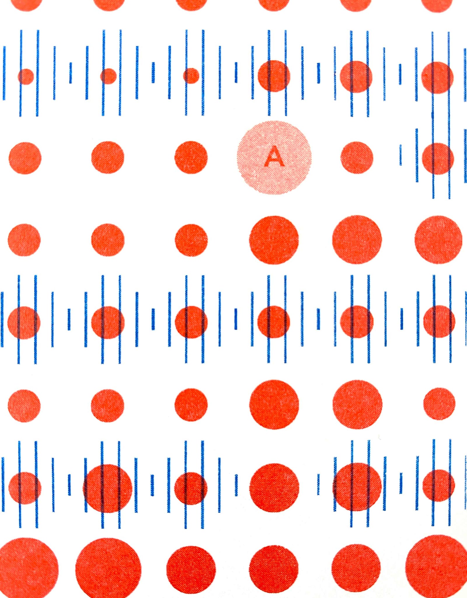 Detail of data-visualisation riso print of Amsterdam weather patterns. Geometric dots and lines in blue and red.