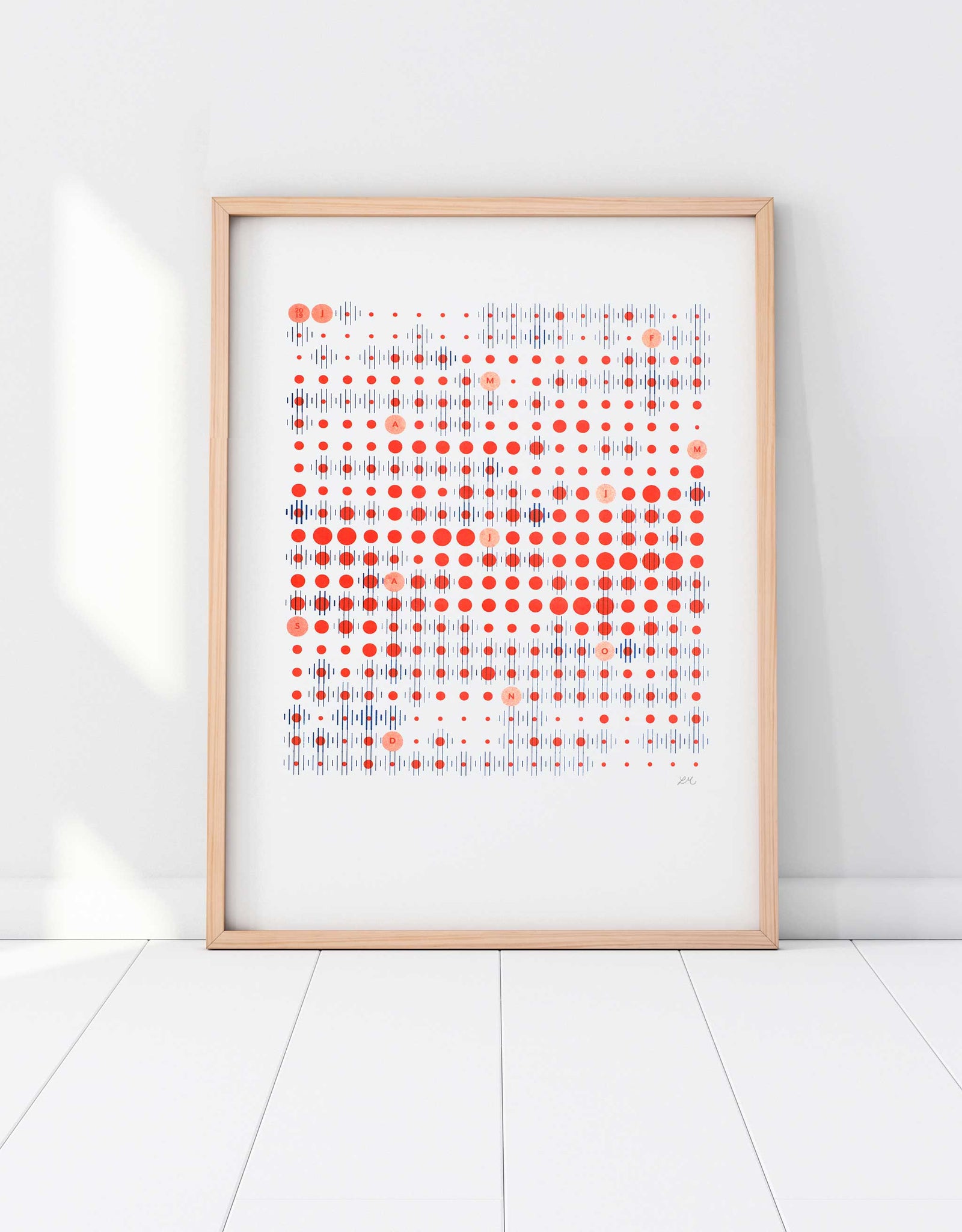 Framed A3 riso data print poster of Amsterdam weather in blue and red grid pattern