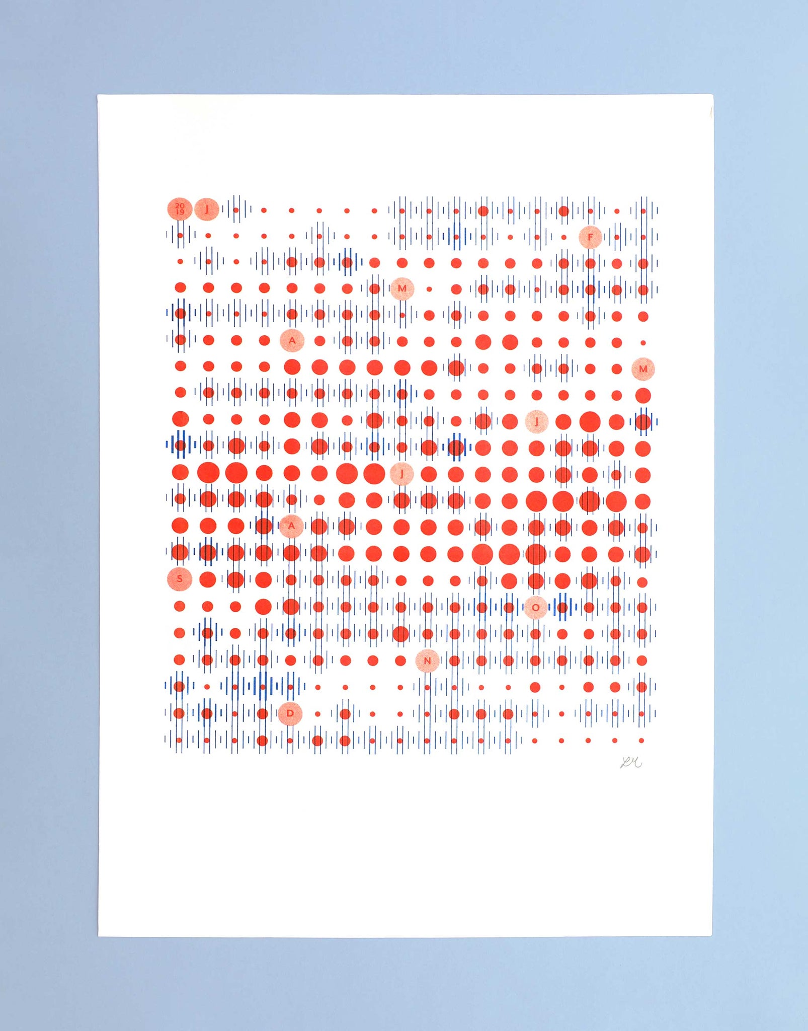 Flat lay of data-visualisation print of Amsterdam weather patterns in blue lines and red dots in grid formation on white paper.